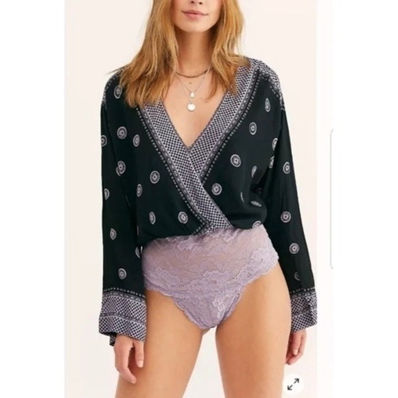 Free People Intimately On Board Boho Lace Body Suit Black Purple Size Large - Picture 1 of 11